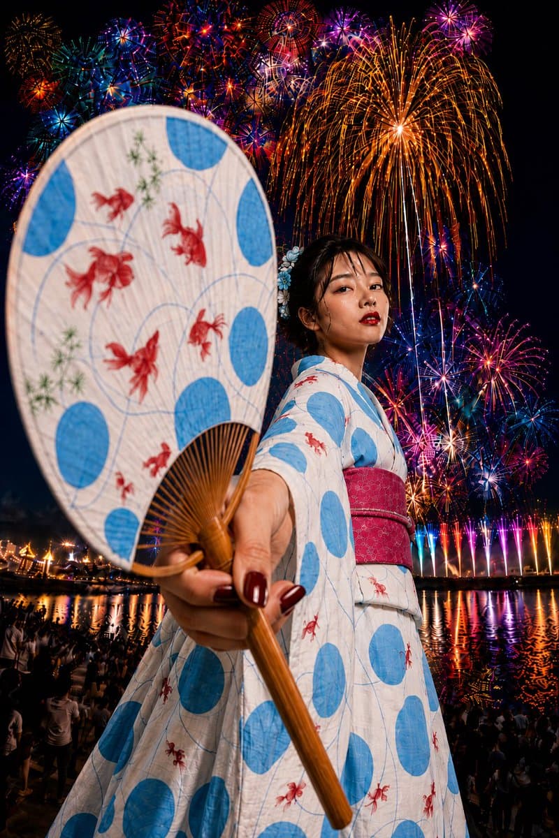Goldfish Yukata Fireworks Festival Portrait - AI image template preview