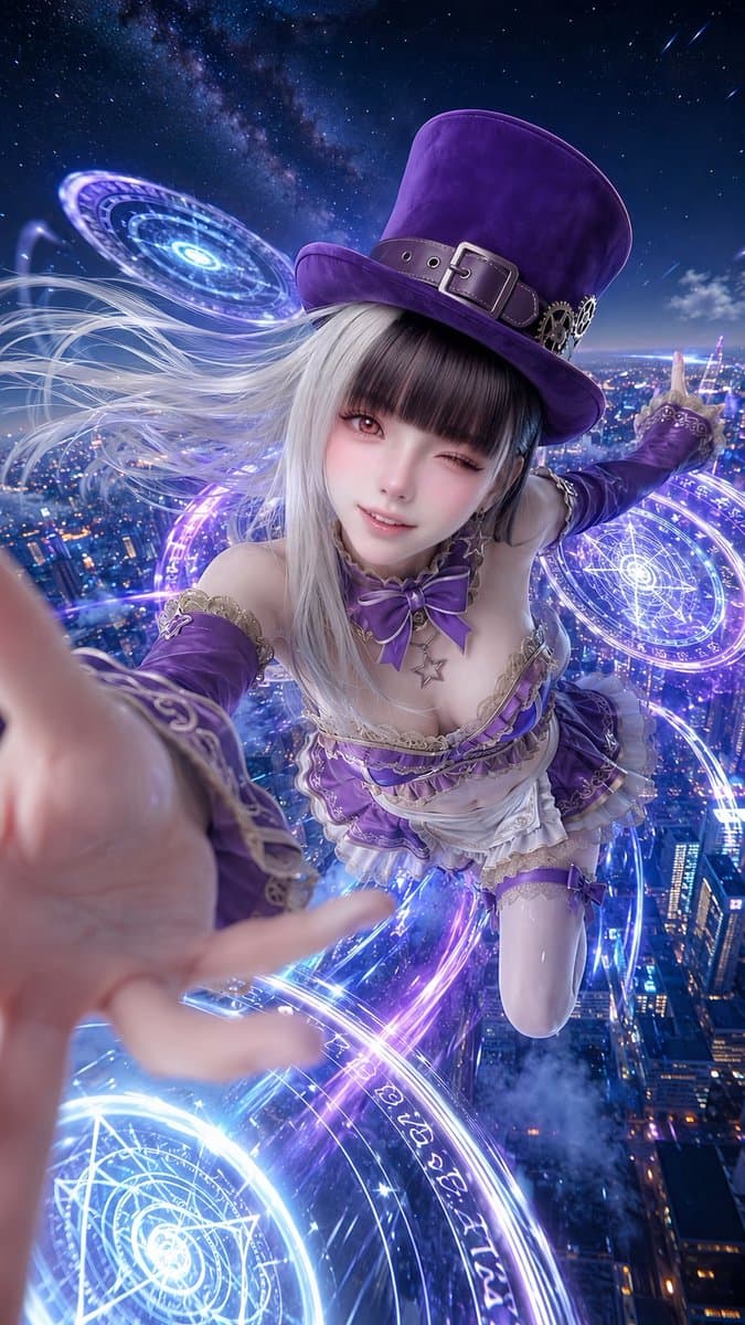 Magical Steampunk Idol Above Neon City - AI image template preview