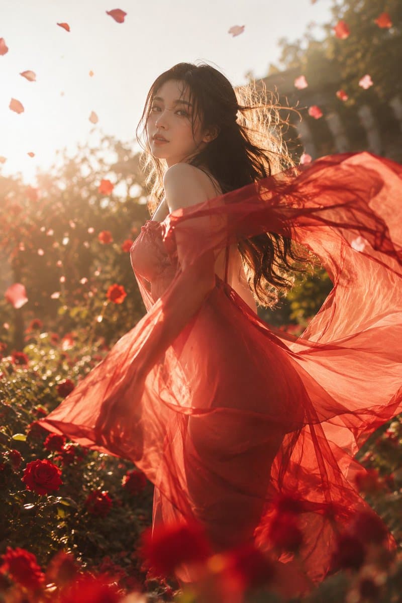 Crimson Chiffon Rose Garden Portrait - AI image template preview
