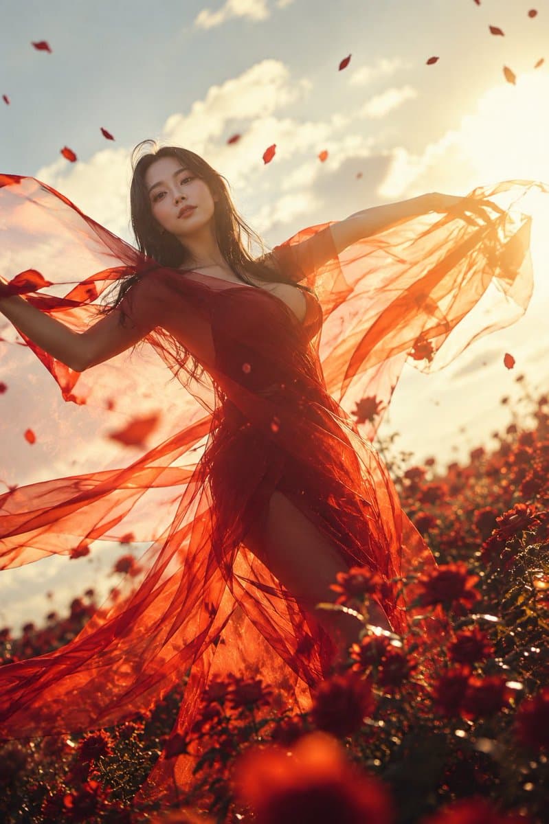 Crimson Veil in Red Flower Field - AI image template preview