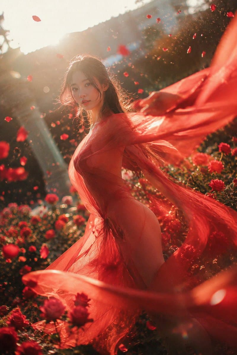 Crimson Rose Garden Fashion Portrait - AI image template preview