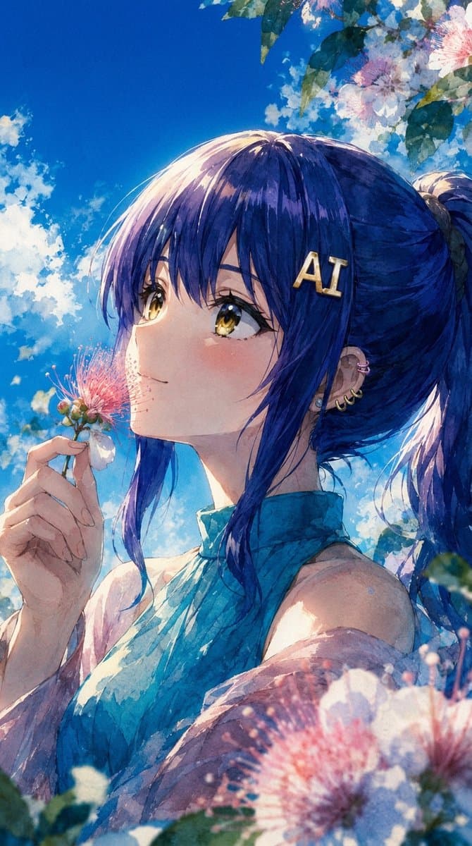 Summer Anime Portrait with Silk Tree Flowers - AI image template preview