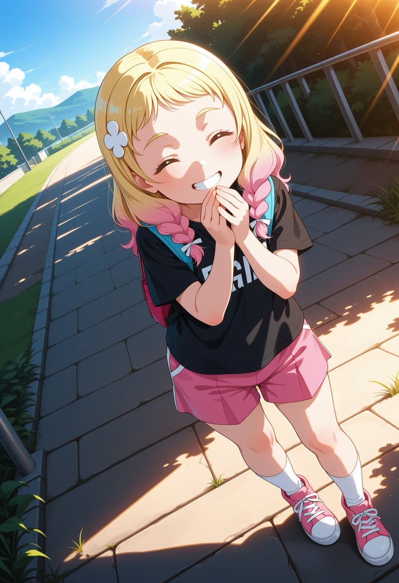 Cheerful Anime Girl on Sunny Sidewalk - AI image template preview