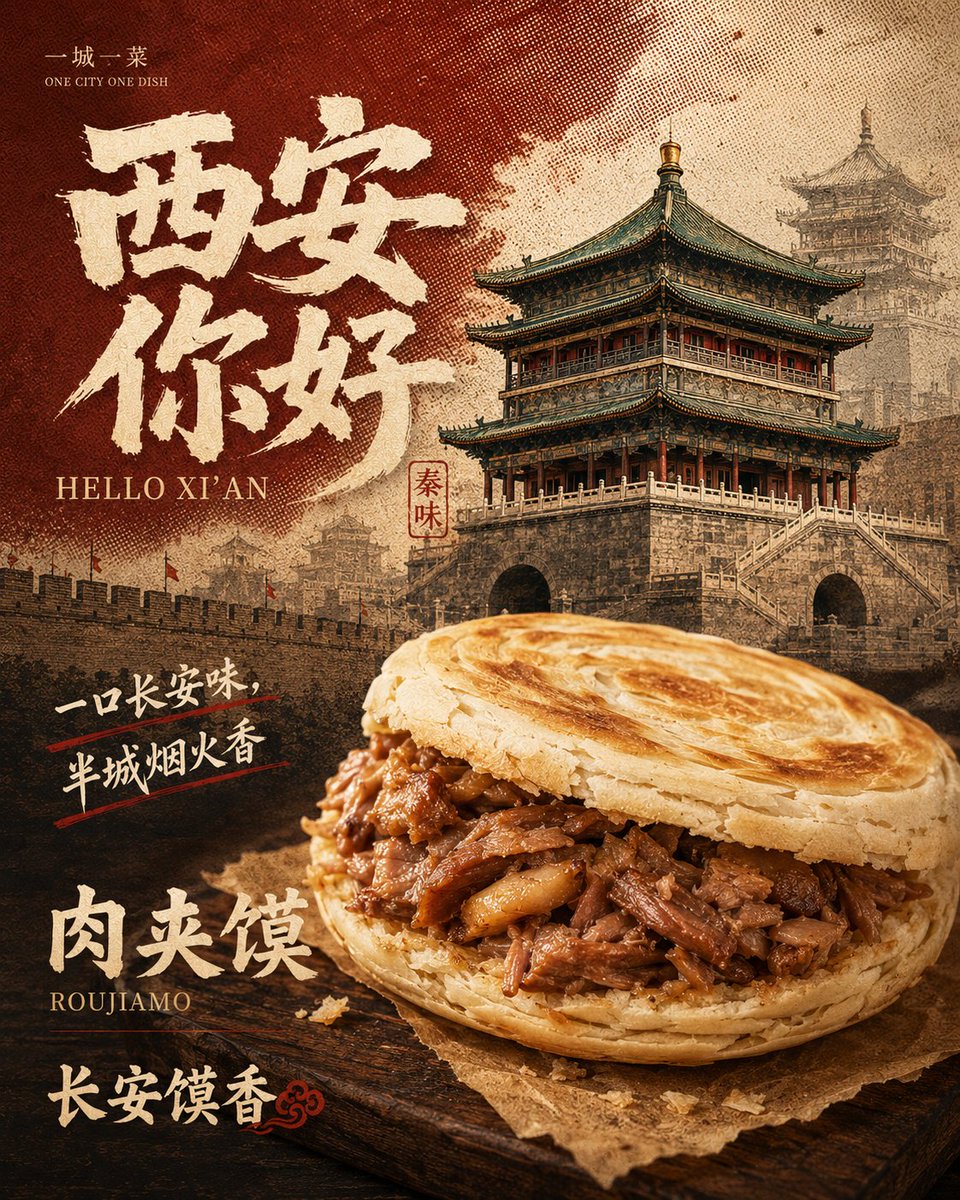 Retro Xi'an Roujiamo Food Poster - AI image template preview