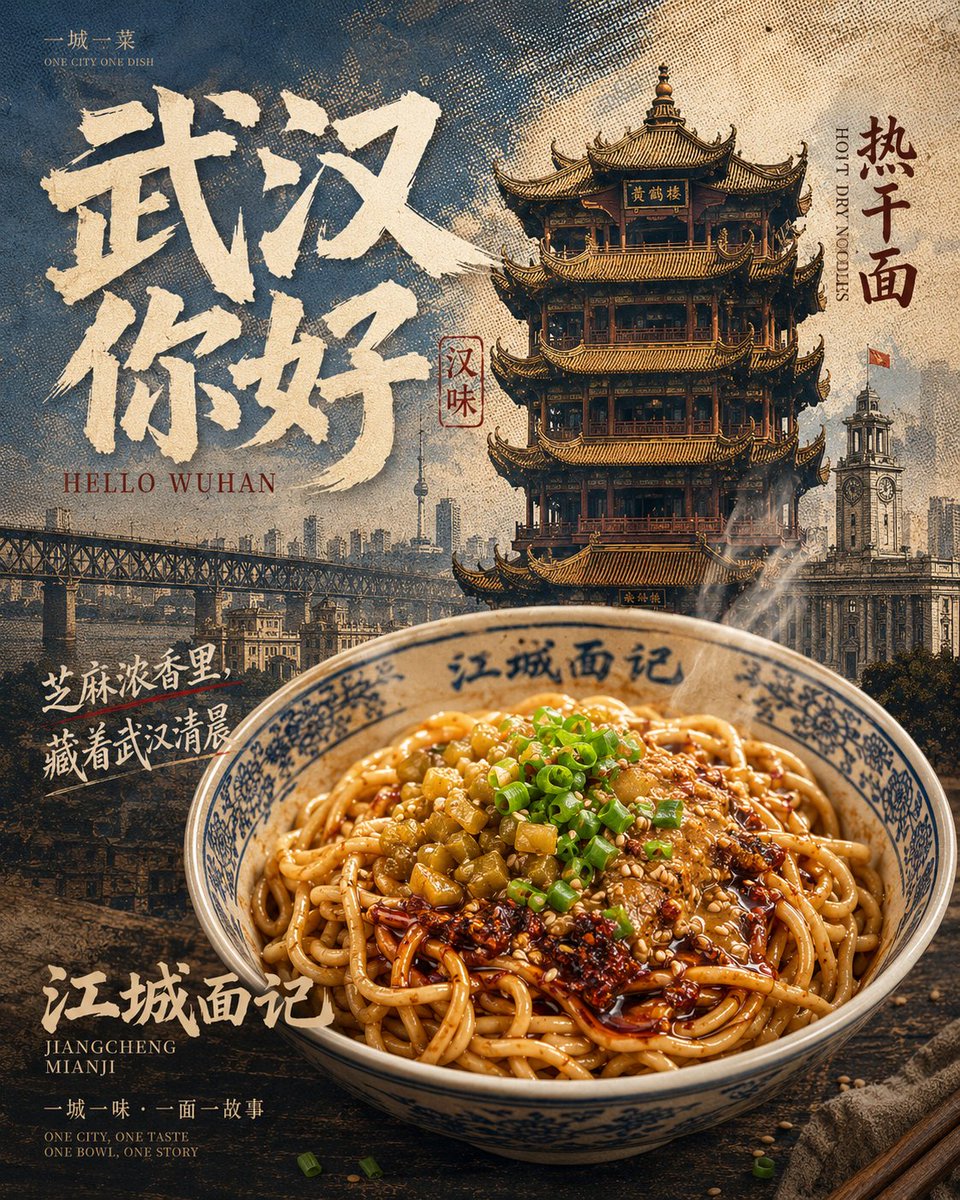 Vintage Wuhan Hot Dry Noodles Poster - AI image template preview