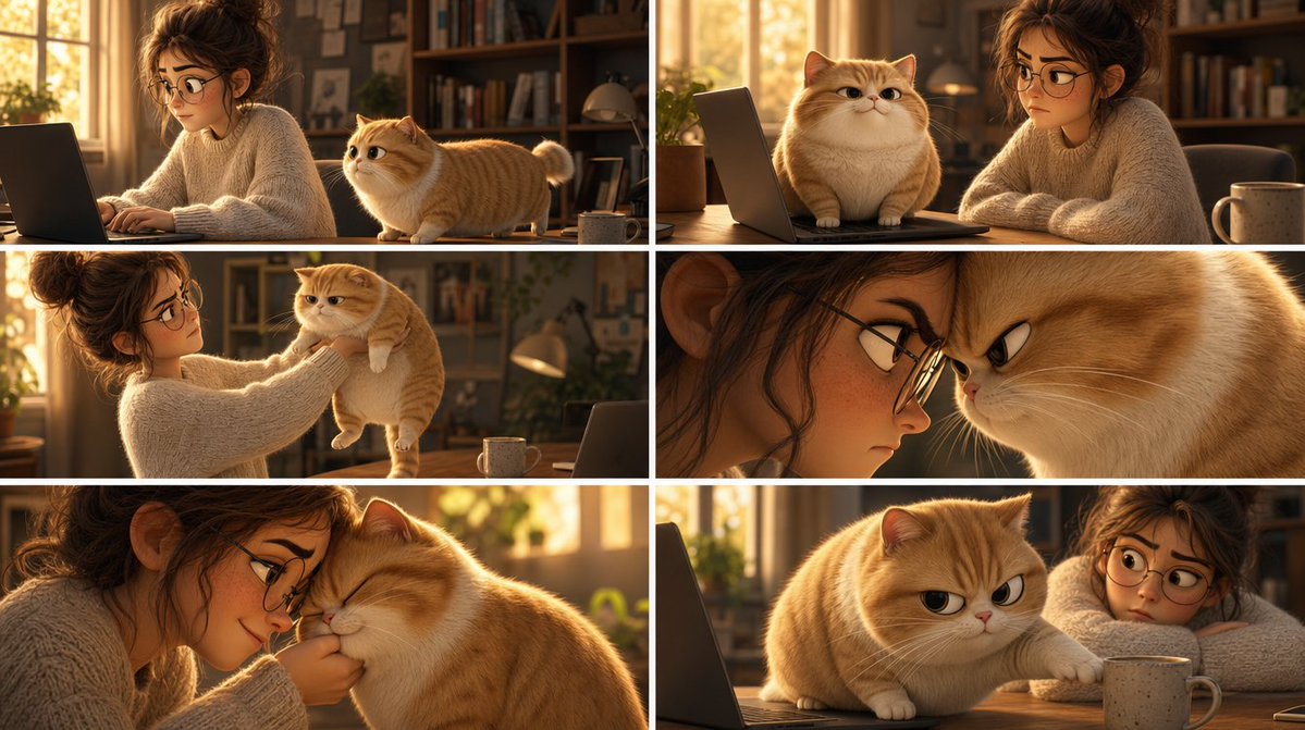 Pixar Cat Desk Storyboard - AI image template preview