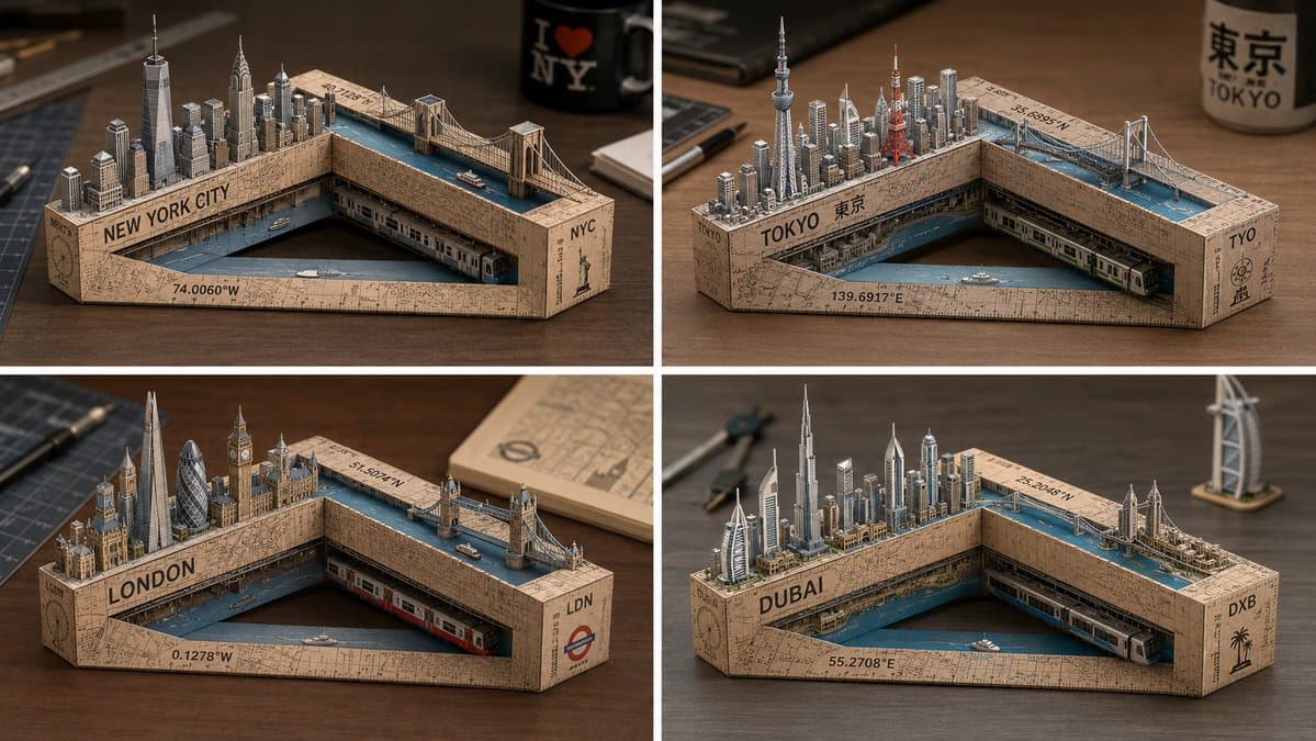 Laser-Cut Paper City Sculpture - AI image template preview