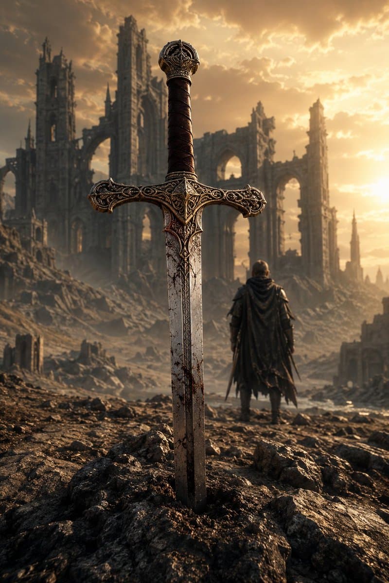 Medieval Fantasy Sword in Apocalyptic Landscape - AI image template preview