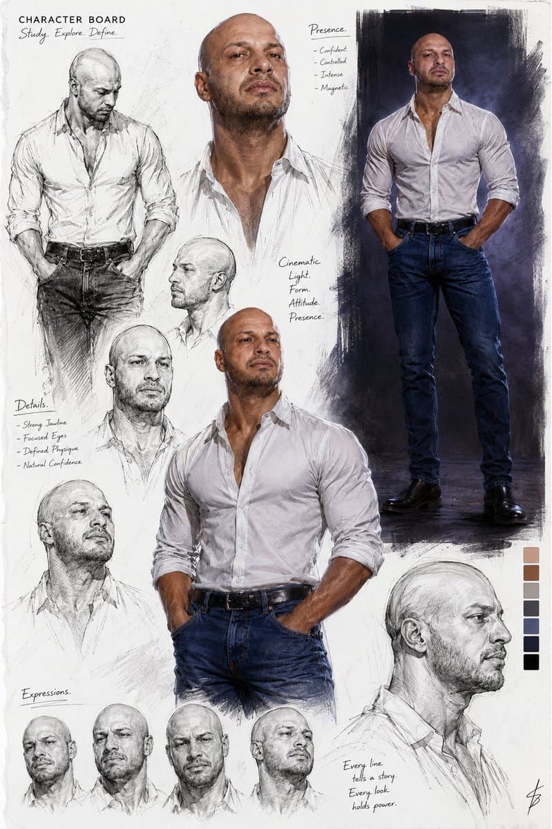 Cinematic Male Character Concept Board - AI image template preview