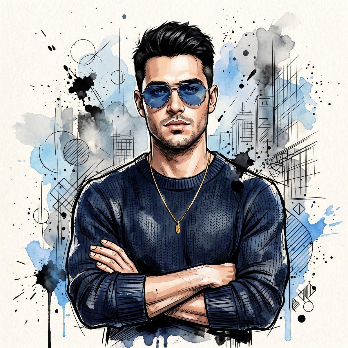 Watercolor Man Portrait with City Skyline - AI image template preview