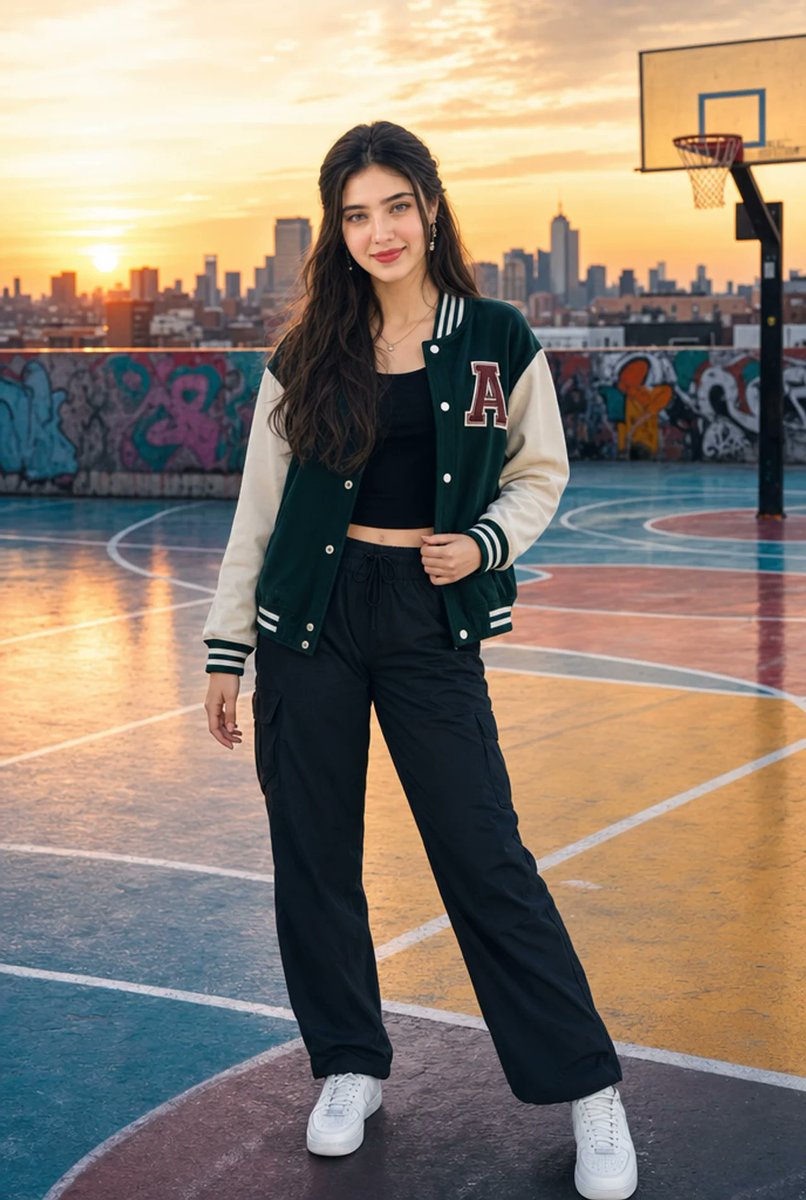 Urban Rooftop Varsity Jacket Portrait - AI image template preview