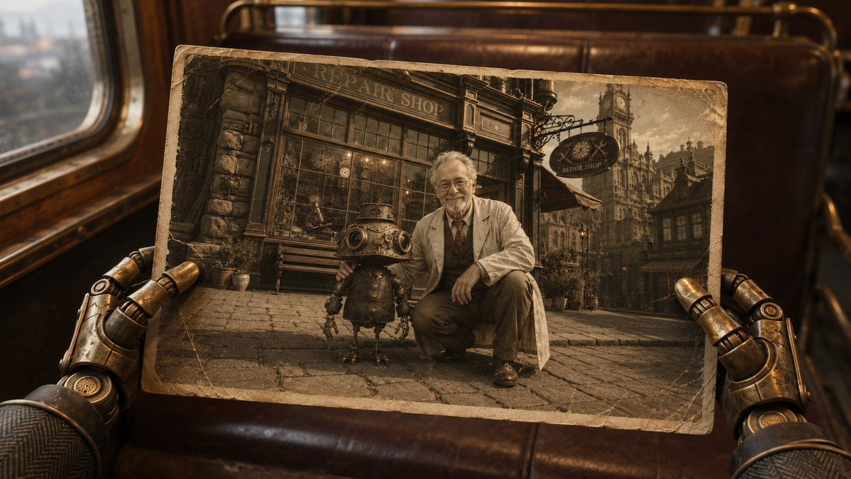 Steampunk Hands Holding Old Photo - AI image template preview