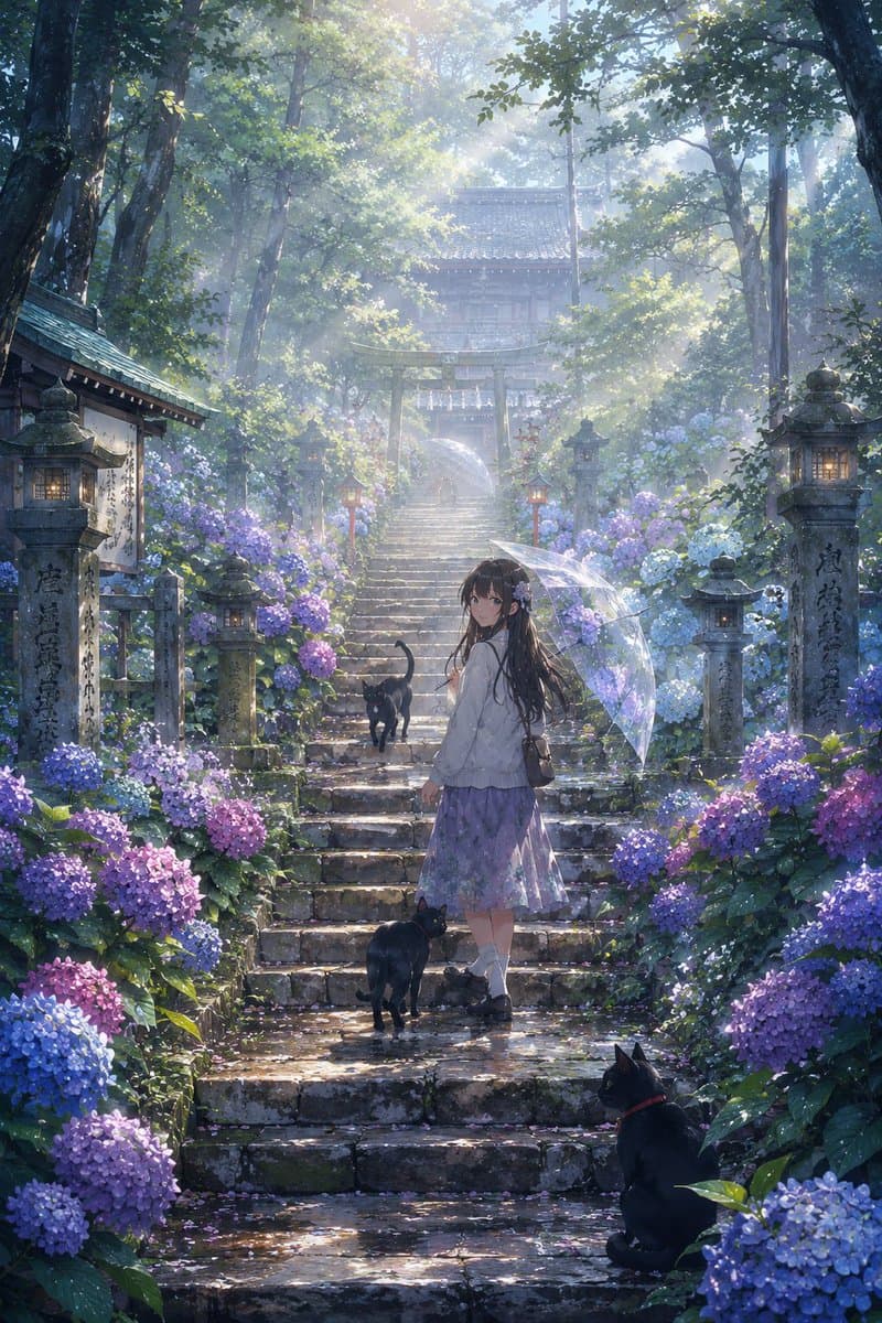 Rainy Season Shrine Hydrangea Scene - AI image template preview
