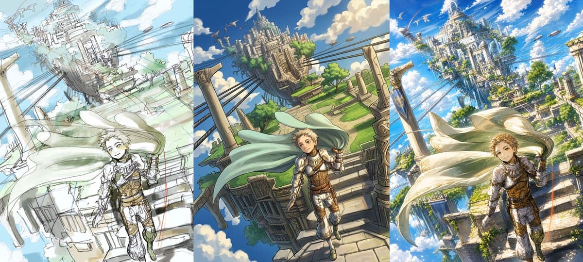 Fantasy Sky Castle Art Evolution Triptych - AI image template preview