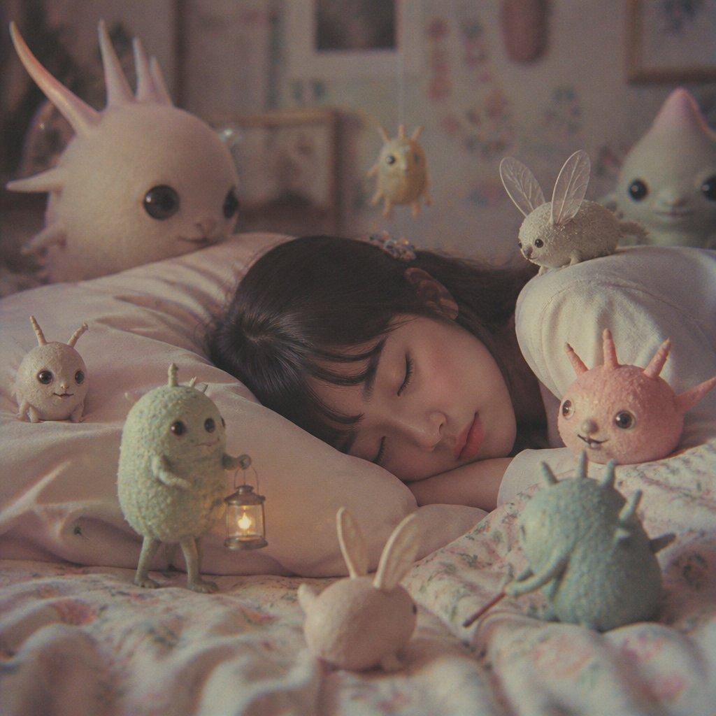 Sleeping Child with Dream Creatures - AI image template preview