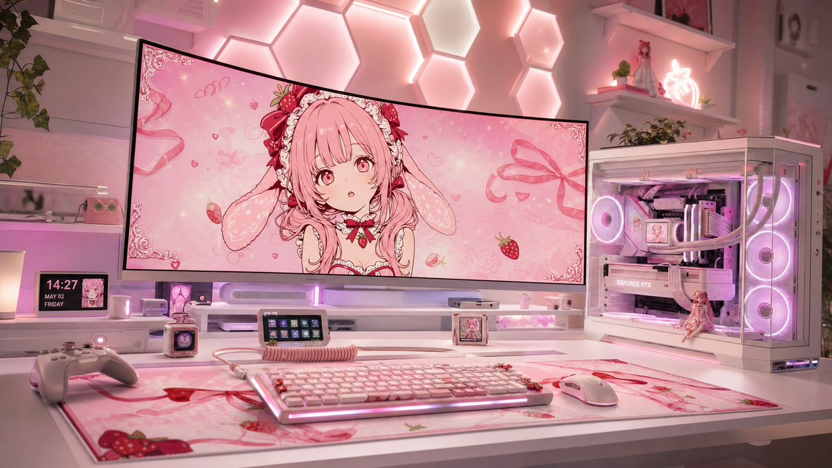 Pastel Pink Anime Gaming Desk Setup - AI image template preview