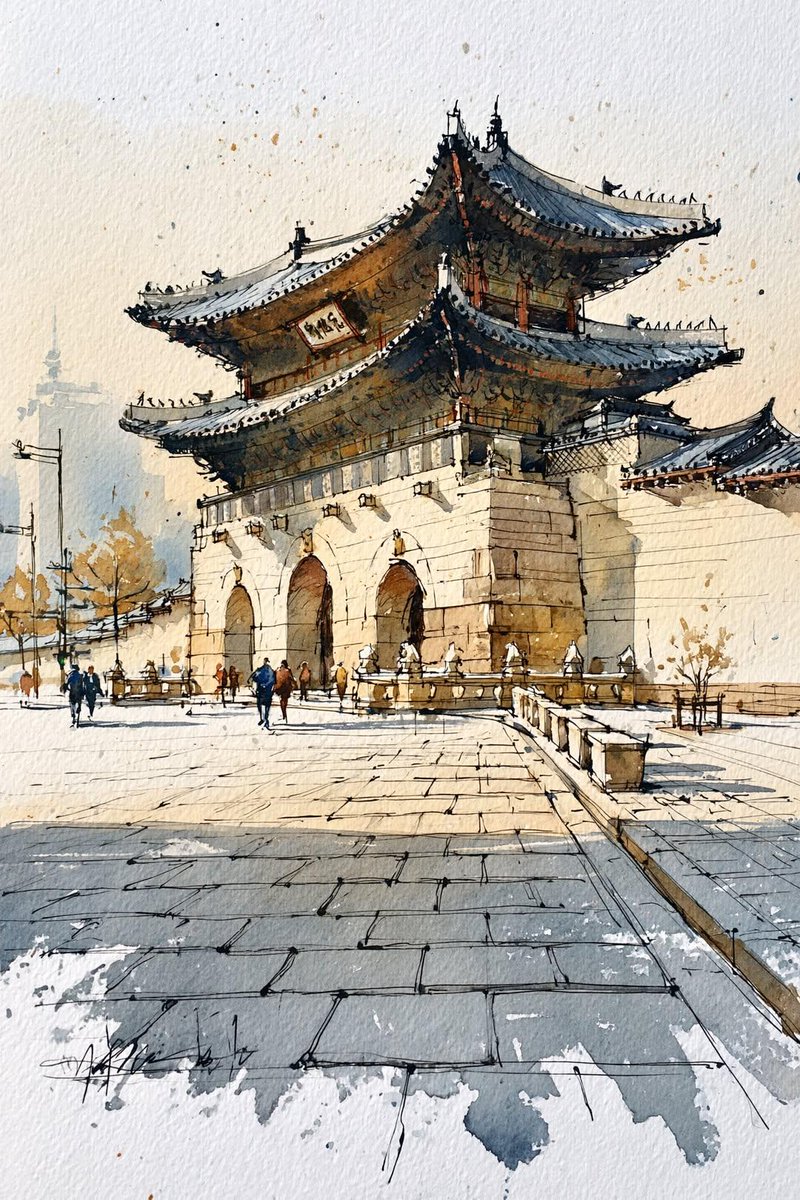 Korean Hanok Watercolor Sketch - AI image template preview