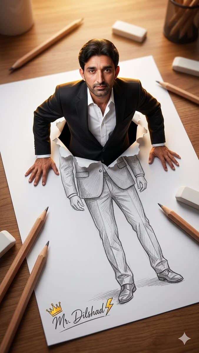 3D Figure Emerging from Pencil Sketch - AI image template preview