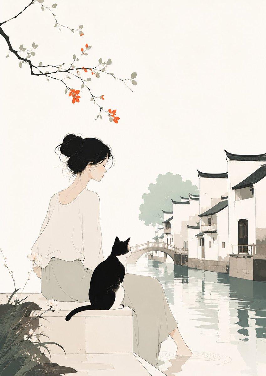 Minimalist Illustration of Girl and Cat - AI image template preview
