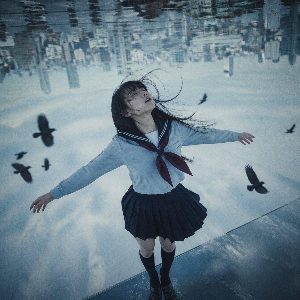 Upside-Down Sky Schoolgirl - AI image template preview