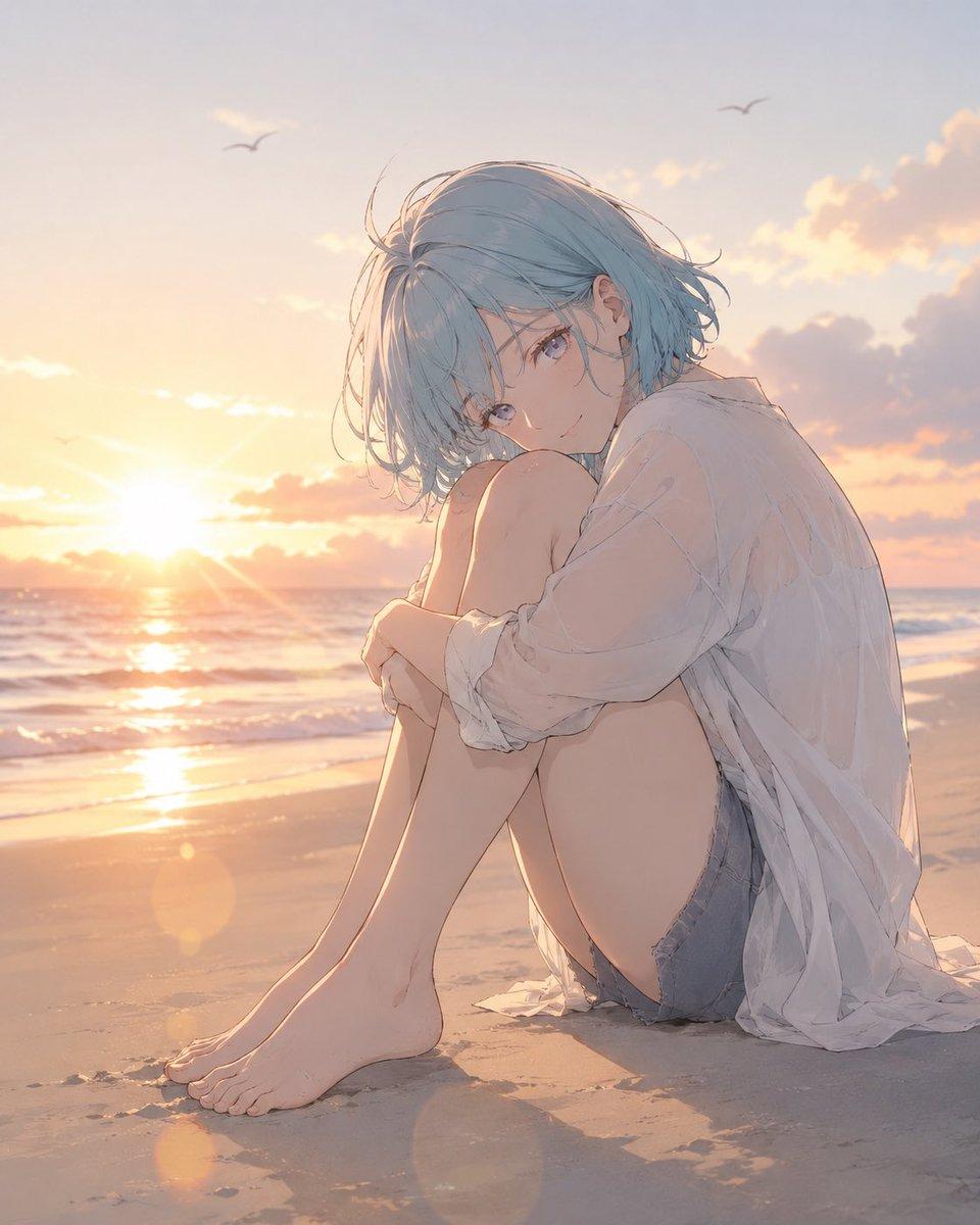 Anime Woman at Sunset Beach - AI image template preview