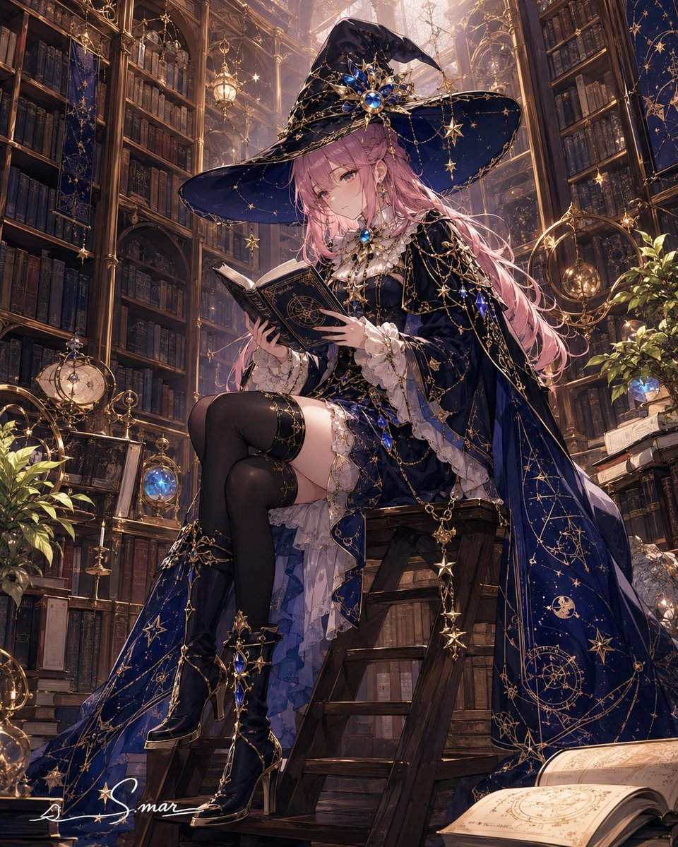 Celestial Sorceress in Magical Library - AI image template preview