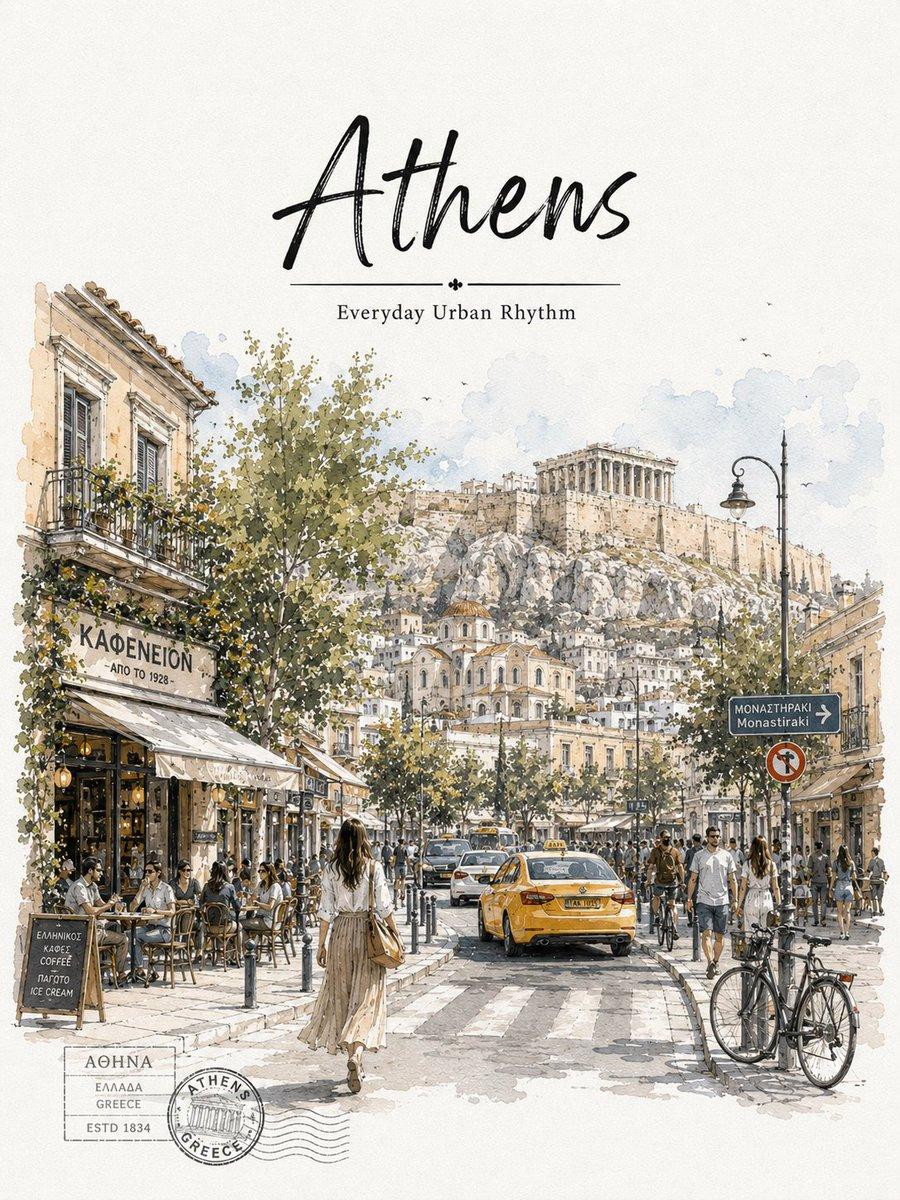 Athens Travel Sketch and Watercolor Poster - AI image template preview