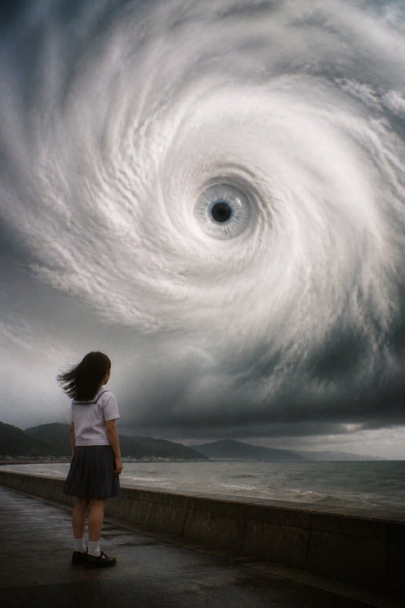 Typhoon Eye Watching Schoolgirl - AI image template preview