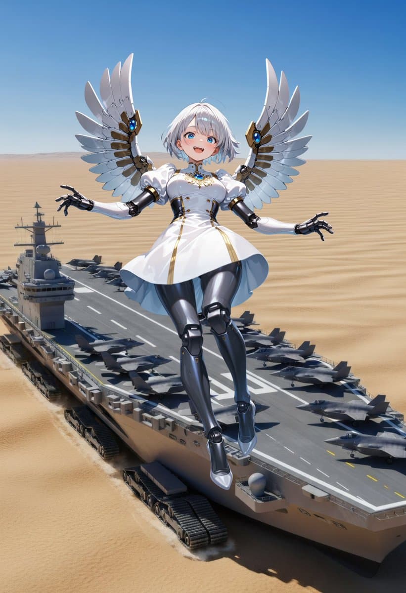 Angelic Android Over Land Aircraft Carrier - AI image template preview