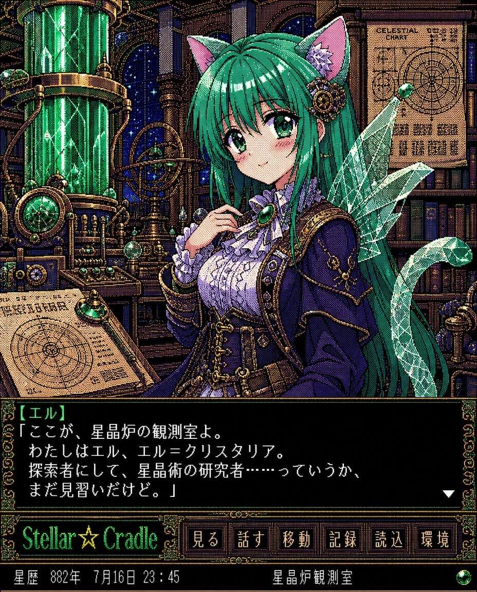 Retro Crystal Observatory Visual Novel - AI image template preview