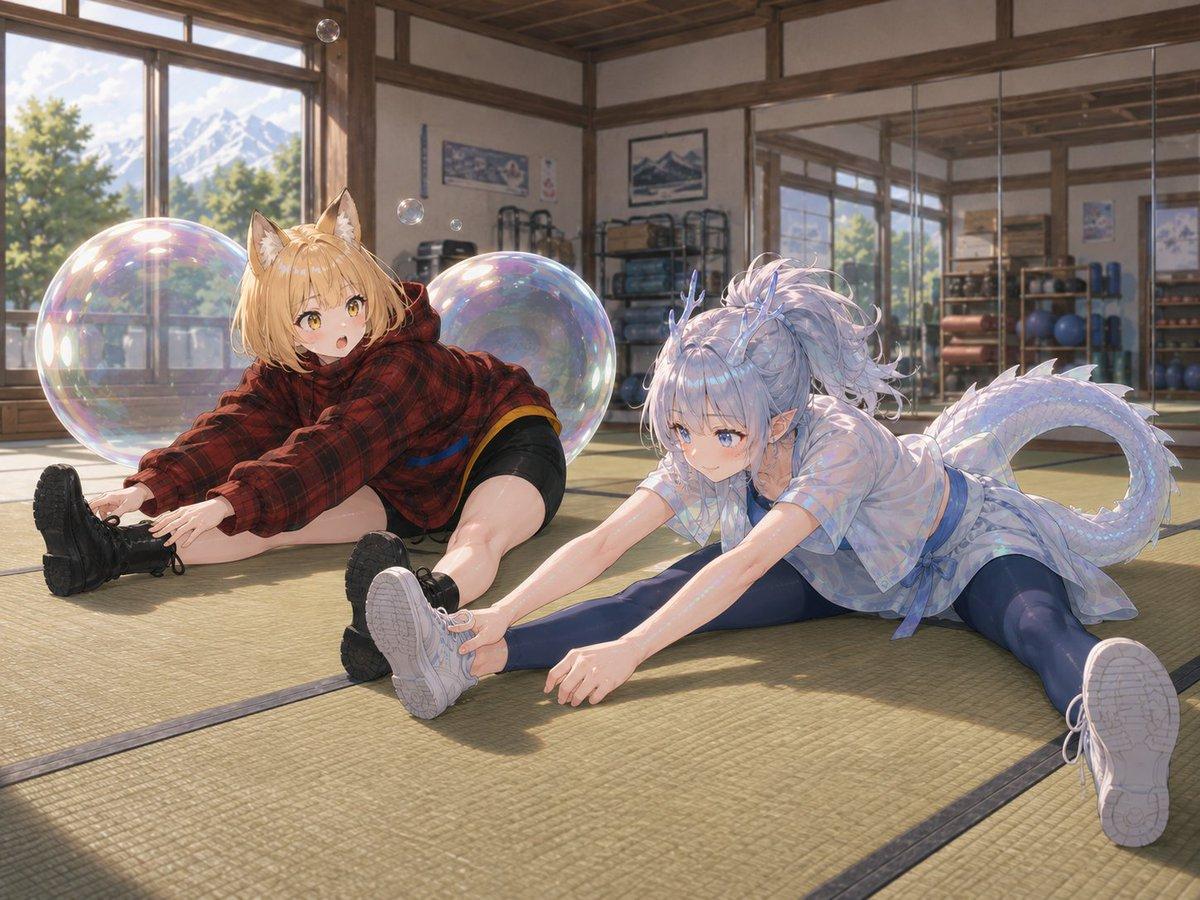 Bubble Dragon and Fox Stretching - AI image template preview