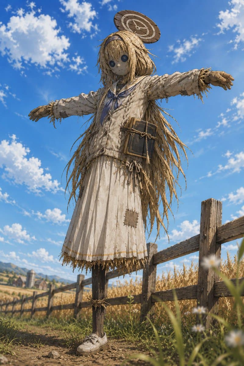 Anime Schoolgirl Scarecrow in Rural Field - AI image template preview