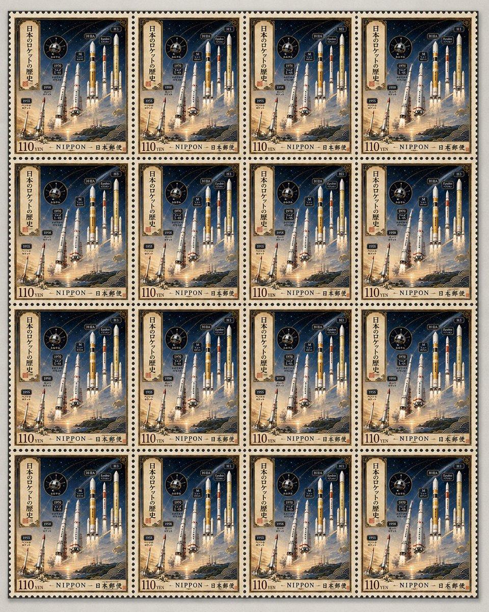 Fictional Japanese Rocket Stamp Sheet - AI image template preview