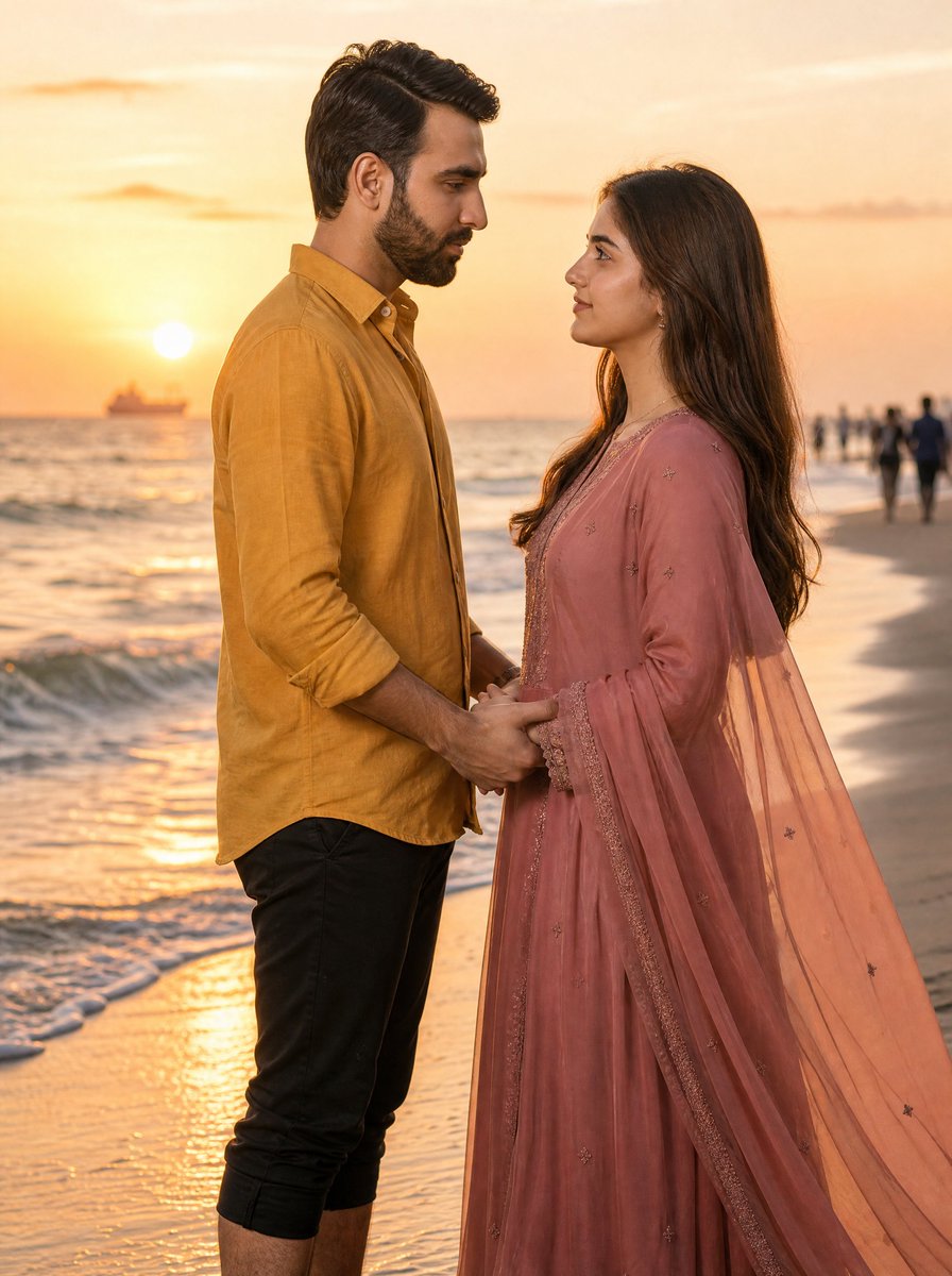 Romantic Sunset Beach Couple Portrait - AI image template preview