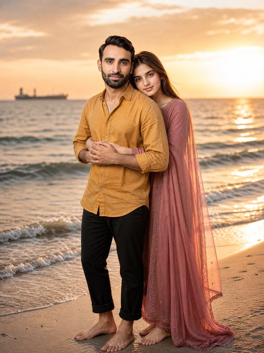 Romantic Beach Sunset Couple - AI image template preview