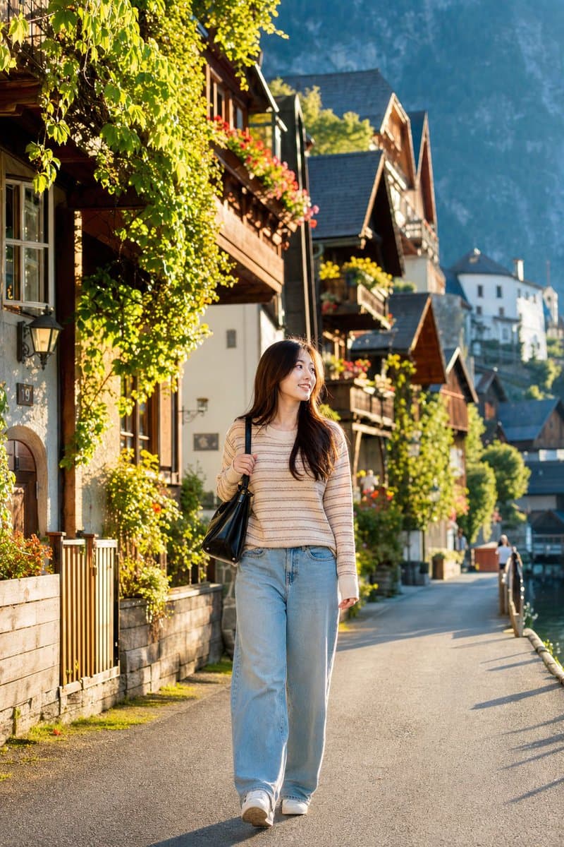 Japanese Woman in Hallstatt Travel Portrait - AI image template preview