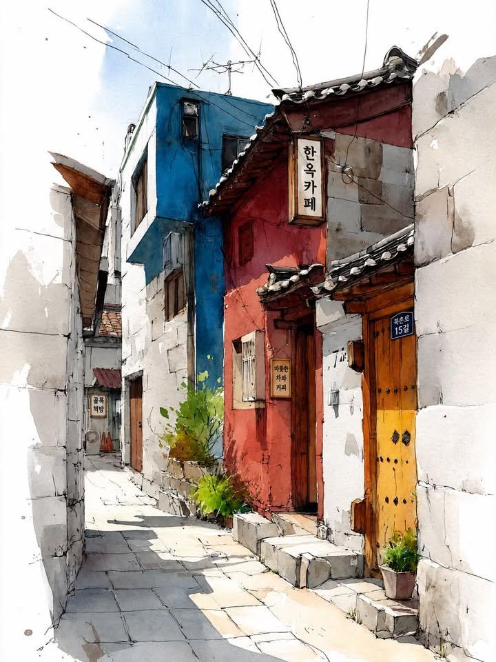 Watercolor Korean Hanok Village Sketch - AI image template preview
