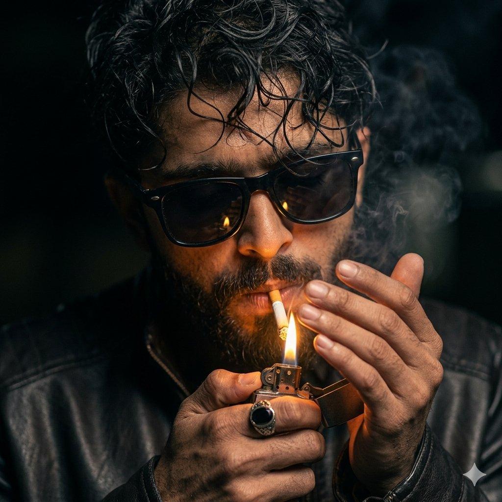 Moody Cinematic Portrait with Lighter Flame - AI image template preview