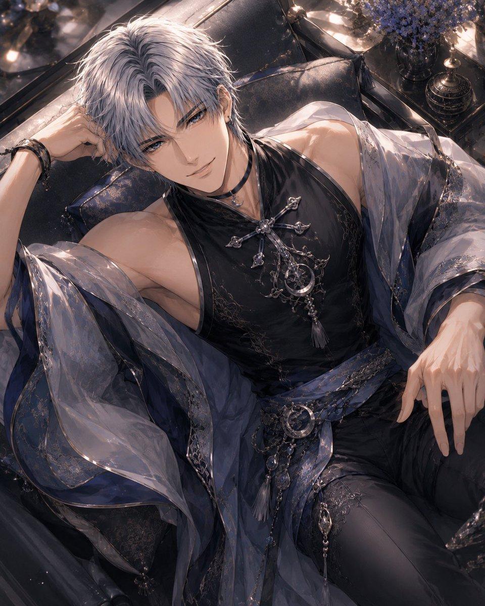 Silver-Haired Gothic Fantasy Reclining Man - AI image template preview