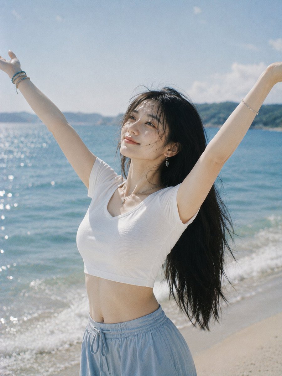 Joyful Woman Raising Arms at Beach - AI image template preview