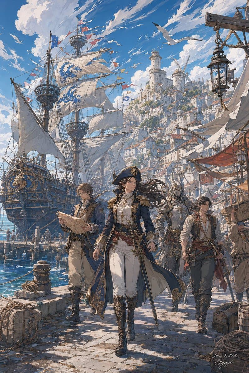 Fantasy Harbor Captain Scene - AI image template preview