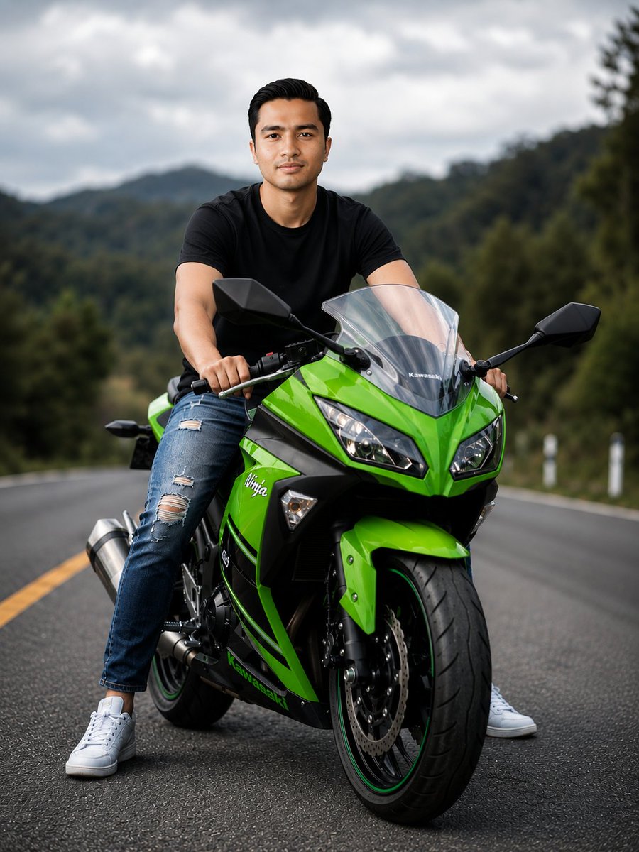 Green Sport Motorcycle Mountain Road - AI image template preview