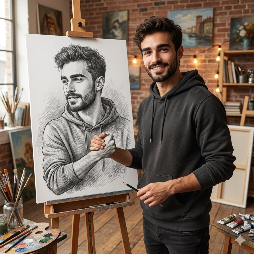Realistic Artist Studio Sketch Interaction - AI image template preview