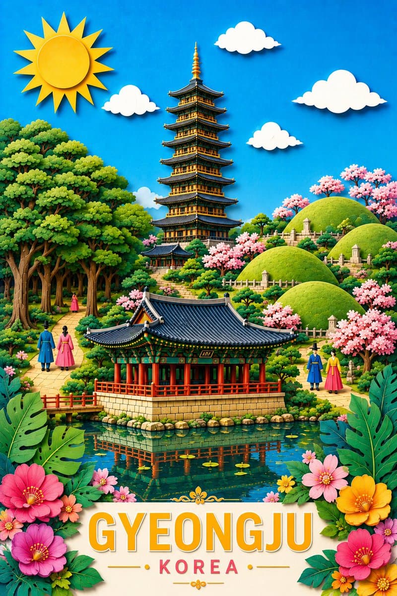 Gyeongju Korea Paper-Cut Travel Poster - AI image template preview