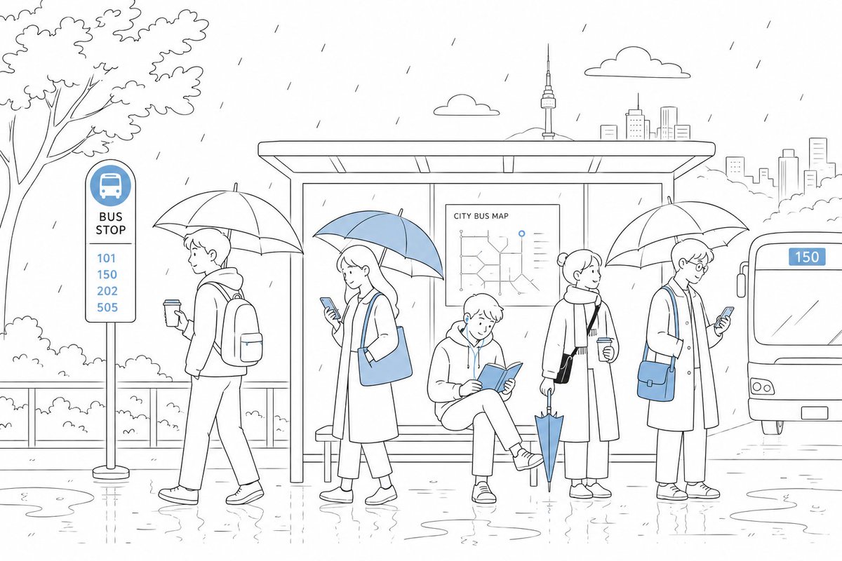 Cute Rainy Bus Stop Commute - AI image template preview