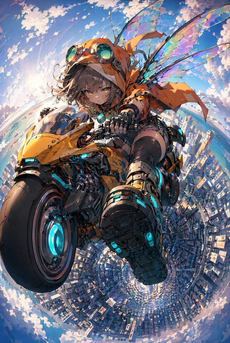 Fairy Biker Above Tiny-Planet City - AI image template preview