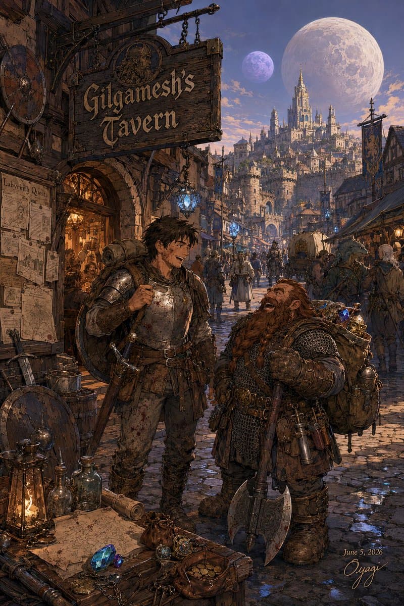 Gilgamesh's Tavern Fantasy Street Scene - AI image template preview