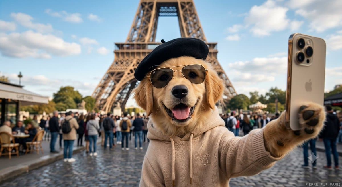 Dog Selfie at Eiffel Tower - AI image template preview
