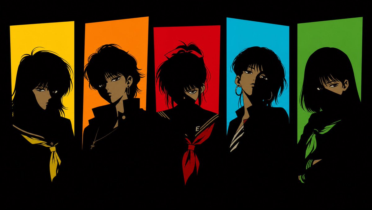 Five 1980s Delinquent Anime Girls - AI image template preview