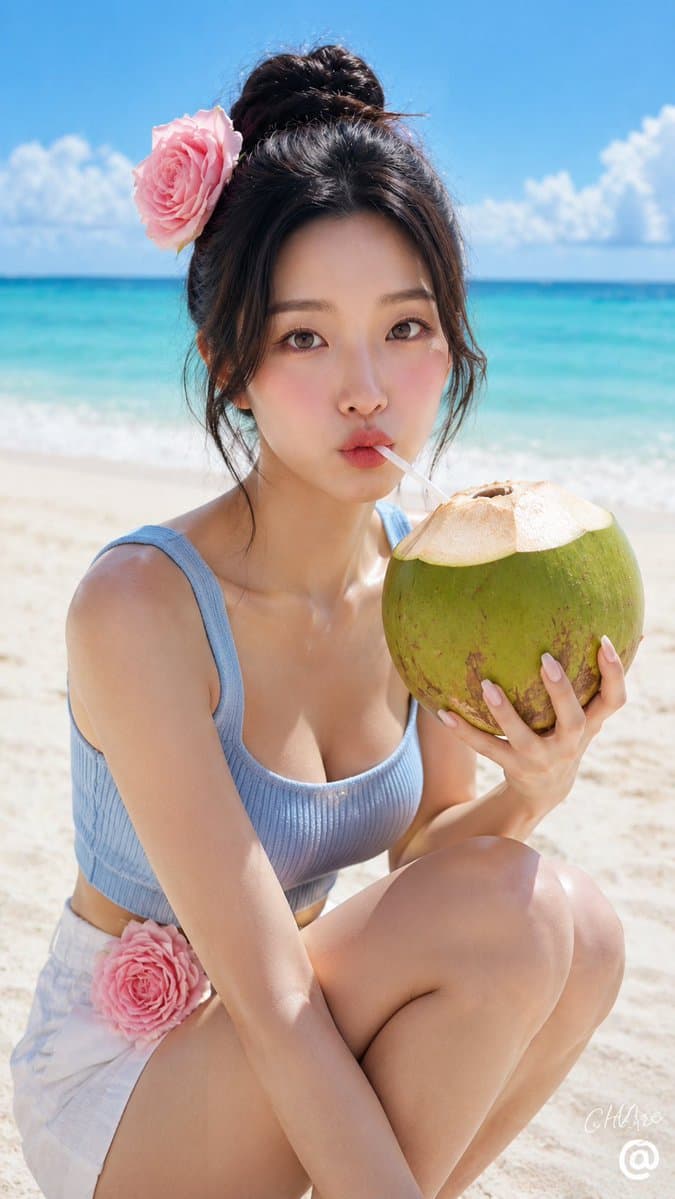 Summer Beach Portrait with Coconut - AI image template preview